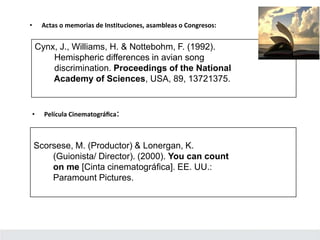 • Actas o memorias de Instituciones, asambleas o Congresos:
Cynx, J., Williams, H. & Nottebohm, F. (1992).
Hemispheric differences in avian song
discrimination. Proceedings of the National
Academy of Sciences, USA, 89, 13721375.
• Película Cinematográﬁca:
Scorsese, M. (Productor) & Lonergan, K.
(Guionista/ Director). (2000). You can count
on me [Cinta cinematográﬁca]. EE. UU.:
Paramount Pictures.
 