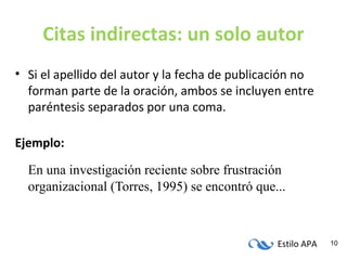 Estilo APA 10
Citas indirectas: un solo autor
• Si el apellido del autor y la fecha de publicación no
forman parte de la oración, ambos se incluyen entre
paréntesis separados por una coma.
Ejemplo:
En una investigación reciente sobre frustración
organizacional (Torres, 1995) se encontró que...
 