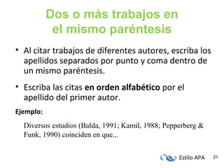 Estilo APA 21
Dos o más trabajos en
el mismo paréntesis
• Al citar trabajos de diferentes autores, escriba los
apellidos separados por punto y coma dentro de
un mismo paréntesis.
• Escriba las citas en orden alfabético por el
apellido del primer autor.
Ejemplo:
Diversos estudios (Balda, 1991; Kamil, 1988; Pepperberg &
Funk, 1990) coinciden en que...
 