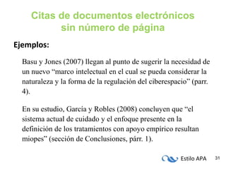 Estilo APA 31
Citas de documentos electrónicos
sin número de página
Ejemplos:
Basu y Jones (2007) llegan al punto de sugerir la necesidad de
un nuevo “marco intelectual en el cual se pueda considerar la
naturaleza y la forma de la regulación del ciberespacio” (parr.
4).
En su estudio, García y Robles (2008) concluyen que “el
sistema actual de cuidado y el enfoque presente en la
definición de los tratamientos con apoyo empírico resultan
miopes” (sección de Conclusiones, párr. 1).
 