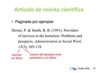 Estilo APA 46
Artículo de revista científica
• Paginada por ejemplar
Dexter, P. & Smith, B. B. (1991). Providers
of services to the homeless: Problems and
prospects. Administration in Social Work,
15(3), 105-119.
número del ejemplar entre
paréntesis y sin itálica
volumen
en itálica
 