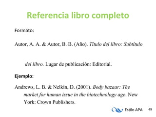 Estilo APA 49
Referencia libro completo
Formato:
Autor, A. A. & Autor, B. B. (Año). Título del libro: Subtítulo
del libro. Lugar de publicación: Editorial.
Ejemplo:
Andrews, L. B. & Nelkin, D. (2001). Body bazaar: The
market for human issue in the biotechnology age. New
York: Crown Publishers.
 