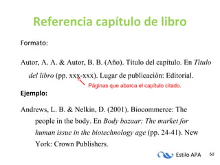 Estilo APA 50
Referencia capítulo de libro
Formato:
Autor, A. A. & Autor, B. B. (Año). Título del capítulo. En Título
del libro (pp. xxx-xxx). Lugar de publicación: Editorial.
Ejemplo:
Andrews, L. B. & Nelkin, D. (2001). Biocommerce: The
people in the body. En Body bazaar: The market for
human issue in the biotechnology age (pp. 24-41). New
York: Crown Publishers.
Páginas que abarca el capítulo citado.
 