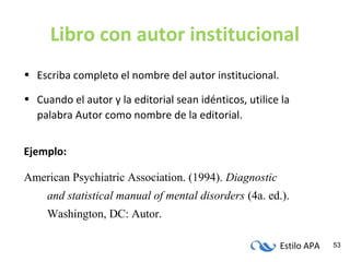 Estilo APA 53
Libro con autor institucional
• Escriba completo el nombre del autor institucional.
• Cuando el autor y la editorial sean idénticos, utilice la
palabra Autor como nombre de la editorial.
Ejemplo:
American Psychiatric Association. (1994). Diagnostic
and statistical manual of mental disorders (4a. ed.).
Washington, DC: Autor.
 