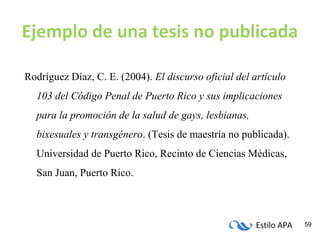 Estilo APA 59
Ejemplo de una tesis no publicada
Rodríguez Díaz, C. E. (2004). El discurso oficial del artículo
103 del Código Penal de Puerto Rico y sus implicaciones
para la promoción de la salud de gays, lesbianas,
bixesuales y transgénero. (Tesis de maestría no publicada).
Universidad de Puerto Rico, Recinto de Ciencias Médicas,
San Juan, Puerto Rico.
 