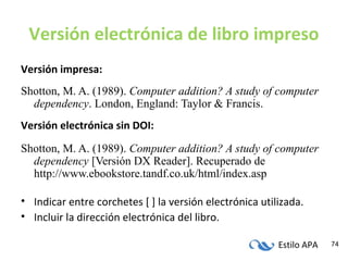 Estilo APA 74
Versión electrónica de libro impreso
Versión impresa:
Shotton, M. A. (1989). Computer addition? A study of computer
dependency. London, England: Taylor & Francis.
Versión electrónica sin DOI:
Shotton, M. A. (1989). Computer addition? A study of computer
dependency [Versión DX Reader]. Recuperado de
http://www.ebookstore.tandf.co.uk/html/index.asp
• Indicar entre corchetes [ ] la versión electrónica utilizada.
• Incluir la dirección electrónica del libro.
 