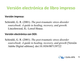 Estilo APA 75
Versión electrónica de libro impreso
Versión impresa:
Schiraldi, G. R. (2001). The post-traumatic stress disorder
sourcebook: A guide to healing, recovery, and growth.
Lincolnwood, IL: Lowel House.
Versión electrónica con DOI:
Schiraldi, G. R. (2001). The post-traumatic stress disorder
sourcebook: A guide to healing, recovery, and growth [Versión
Adobe Digital editions]. doi:10.1036/007139722
 