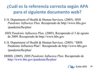 Estilo APA 85
¿Cuál es la referencia correcta según APA
para el siguiente documento web?
U.S. Department of Health & Human Services. (2005). HHS
Pandemic Influenza Plan. Recuperado de http://www.hhs.gov
/pandemicflu/plan/
HHS Pandemic Influenza Plan. (2005). Recuperado el 3 de agosto
de 2009. Recuperado de http://www.hhs.gov
U.S. Department of Health & Human Services. (2005). “HHS
Pandemic Influenza Plan”. Recuperado de http://www.hhs.gov
/pandemicflu/plan/
DHHS. (2005). HHS Pandemic Influenza Plan. Recuperado de
http://www.hhs.gov/pandemicflu/plan/
 