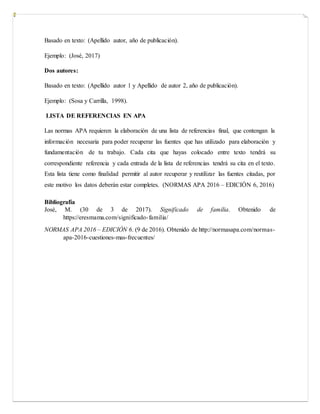 Basado en texto: (Apellido autor, año de publicación).
Ejemplo: (José, 2017)
Dos autores:
Basado en texto: (Apellido autor 1 y Apellido de autor 2, año de publicación).
Ejemplo: (Sosa y Carrilla, 1998).
LISTA DE REFERENCIAS EN APA
Las normas APA requieren la elaboración de una lista de referencias final, que contengan la
información necesaria para poder recuperar las fuentes que has utilizado para elaboración y
fundamentación de tu trabajo. Cada cita que hayas colocado entre texto tendrá su
correspondiente referencia y cada entrada de la lista de referencias tendrá su cita en el texto.
Esta lista tiene como finalidad permitir al autor recuperar y reutilizar las fuentes citadas, por
este motivo los datos deberán estar completes. (NORMAS APA 2016 – EDICIÓN 6, 2016)
Bibliografía
José, M. (30 de 3 de 2017). Significado de familia. Obtenido de
https://eresmama.com/significado-familia/
NORMAS APA 2016 – EDICIÓN 6. (9 de 2016). Obtenido de http://normasapa.com/normas-
apa-2016-cuestiones-mas-frecuentes/
 