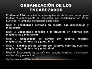 ORGANIZACIÓN DE LOS
ENCABEZADOS
• El Manual APA recomienda la jerarquización de la información para
facilitar el ordenamiento del contenido. Los encabezados no llevan
números, ni tampoco mayúsculas sostenidas.
• Nivel 1: Encabezado centrado en negrita, con mayúsculas y
minúsculas
• Nivel 2: Encabezado alineado a la izquierda en negritas con
mayúsculas y minúsculas
• Nivel 3: Encabezado de párrafo con sangría, negritas,
mayúsculas, minúsculas y punto final.
• Nivel 4: Encabezado de párrafo con sangría, negritas, cursivas,
mayúsculas, minúsculas y punto final.
• Nivel 5: Encabezado de párrafo con sangría, cursivas, mayúsculas,
minúsculas y punto final.
• http://normasapa.net/2017-edicion-6/
 