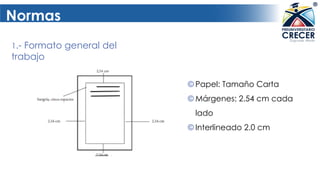 Normas
1.- Formato general del
trabajo
© Papel: Tamaño Carta
© Márgenes: 2.54 cm cada
lado
© Interlineado 2.0 cm
 