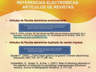 REFERENCIAS ELECTRONICAS  ARTICULOS DE REVISTAS <ul><li>Artículos de Revista electrónica exclusivamente </li></ul><ul><ul>...