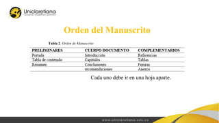 Cada uno debe ir en una hoja aparte.
Orden del Manuscrito
Tabla 2. Orden de Manuscrito
 