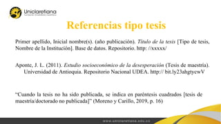 Referencias tipo tesis
Primer apellido, Inicial nombre(s). (año publicación). Título de la tesis [Tipo de tesis,
Nombre de la Institución]. Base de datos. Repositorio. http: //xxxxx/
Aponte, J. L. (2011). Estudio socioeconómico de la desesperación (Tesis de maestría).
Universidad de Antioquia. Repositorio Nacional UDEA. http:// bit.ly23ahgtycwV
“Cuando la tesis no ha sido publicada, se indica en paréntesis cuadrados [tesis de
maestría/doctorado no publicada]” (Moreno y Carillo, 2019, p. 16)
 
