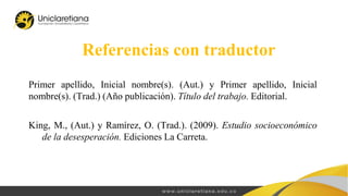 Referencias con traductor
Primer apellido, Inicial nombre(s). (Aut.) y Primer apellido, Inicial
nombre(s). (Trad.) (Año publicación). Título del trabajo. Editorial.
King, M., (Aut.) y Ramírez, O. (Trad.). (2009). Estudio socioeconómico
de la desesperación. Ediciones La Carreta.
 