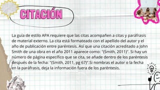CITACIÓN
CITACIÓN
La guía de estilo APA requiere que las citas acompañen a citas y paráfrasis
de material externo. La cita está formateado con el apellido del autor y el
año de publicación entre paréntesis. Así que una citación acreditado a John
Smith de una obra en el año 2011 aparece como: "(Smith, 2011)". Si hay un
número de página específico que se cita, se añade dentro de los paréntesis
después de la fecha: "(Smith, 2011, pg 67)".Si nombras el autor o la fecha
en la paráfrasis, deja la información fuera de los paréntesis.
 