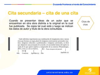 Cita secundaria – cita de una cita
Cuando se presentan ideas de un autor que se
encuentran en otra obra distinta a la original en la cual
fue publicada. Se copia tal cual está y luego se indican
los datos de autor y título de la obra consultada.
Apellido (s)
Año Conector Apellido (s) Año
Punto después del párrafo
como se citó en Santos,
2013)
 