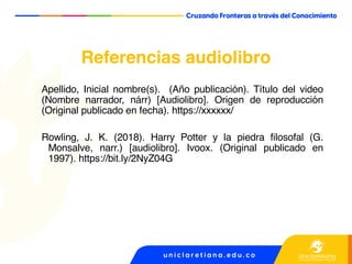 Referencias audiolibro
Apellido, Inicial nombre(s). (Año publicación). Título del video
(Nombre narrador, nárr) [Audiolibro]. Origen de reproducción
(Original publicado en fecha). https://xxxxxx/
Rowling, J. K. (2018). Harry Potter y la piedra filosofal (G.
Monsalve, narr.) [audiolibro]. Ivoox. (Original publicado en
1997). https://bit.ly/2NyZ04G
 