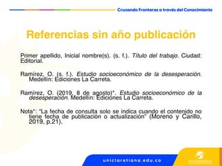 Referencias sin año publicación
Primer apellido, Inicial nombre(s). (s. f.). Título del trabajo. Ciudad:
Editorial.
Ramírez, O. (s. f.). Estudio socioeconómico de la desesperación.
Medellín: Ediciones La Carreta.
Ramírez, O. (2019, 8 de agosto)*. Estudio socioeconómico de la
desesperación. Medellín: Ediciones La Carreta.
Nota*: “La fecha de consulta solo se indica cuando el contenido no
tiene fecha de publicación o actualización” (Moreno y Carillo,
2019, p.21).
 