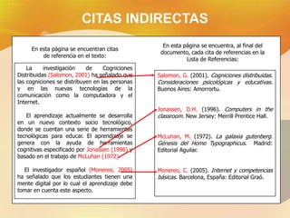 CITAS INDIRECTAS

• Citas indirectas

  De acuerdo a Monereo (2005), estamos en la prehistoria de internet y
  apenas hemo...