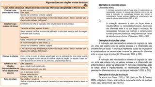 Algumas dicas para citações e notas de rodapé
APA
Todas fontes (obras) das citações deverão constar das referências bibliográficas no final do texto.
Citações curtas
(menos de três linhas)
No texto principal.
Entre aspas.
Sempre citar a referência contendo a página.
Caso o autor do artigo deseje realçar um trecho da citação, utilizar o itálico e assinalar após a
citação, entre colchetes, “grifo nosso”.
Citações longas
(mais de três linhas)
Geralmente uma linha de separação antes e outra depois do texto principal.
Transcritas em bloco separado do texto.
Recuo esquerdo (verificar na norma da publicação o valor deste recuo) a partir da margem,
justificadas (toda a citação).
Sem aspas.
Nunca começando com reticências (...) ou […].
Se houver interrupção no texto utilizar [...].
Sempre citar a referência contendo a página.
Caso o autor do artigo deseje realçar um trecho da citação, utilizar o itálico e assinalar após a
citação, entre colchetes, “grifo nosso”.
Citações de citações Citar o nome do autor da citação seguida pelo ano de publicação da obra citada (quando
houver) e a página na obra na qual foi obtida a citação da citação. Em seguida, “citado por”
nome do autor da obra e ano de sua publicação. (veja exemplo abaixo).
Referências das
citações
(Veja mais detalhes no
item a respeito deste
assunto)
Entre parênteses.
Após a citação (preferencialmente).
Sobrenome do autor (em caixa alta).
Ano de publicação da obra.
Páginas citadas da obra.
Exemplo: (Weber, 1991, p. 95).
Notas de rodapé Numeração em sequência.
Verificar na publicação se a numeração (remissiva) no texto deve aparecer antes ou depois da
pontuação.
Exemplos de citações longas
Chiavenato afirma:
A motivação representa a ação de forças ativas e impulsionadoras: as
necessidades humanas. As pessoas são diferentes entre si no que
tange à motivação. As necessidades humanas que motivam o
comportamento humano produzem padrões de comportamento que
variam de indivíduo para indivíduo. (2000, p. 302).
Ou
A motivação representa a ação de forças ativas e
impulsionadoras: as necessidades humanas. As pessoas
são diferentes entre si no que tange à motivação. As
necessidades humanas que motivam o comportamento
humano produzem padrões de comportamento que variam
de indivíduo para indivíduo. (Chiavenato, 2000, p. 302).
Exemplos de citações curtas
A motivação está relacionada ao sistema de cognição de cada
um, onde este sistema inclui os valores pessoais, e é influenciado pelo
ambiente físico e social. “A motivação representa a ação de forças ativas
e impulsionadoras: as necessidades humanas. As pessoas são diferentes
entre si no que tange à motivação” (Chiavenato, 2000, p. 302).
Ou
A motivação está relacionada ao sistema de cognição de cada
um, onde este sistema inclui os valores pessoais, e é influenciado pelo
ambiente físico e social. Diz Chiavenato: “A motivação representa a ação
de forças ativas e impulsionadoras: as necessidades humanas. As
pessoas são diferentes entre si no que tange à motivação” (2000, p. 302).
Exemplos de citação de citação
De acordo com Gama (1929, p. 292, citado por Tilio & Caldana,
2005), o objetivo é “viciar a sua inocência ou pervertendo-lhe, de qualquer
modo, o seu senso moral” (pp. 156-157).
 