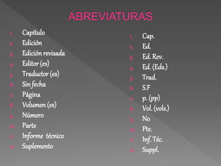 1. Capítulo 
2. Edición 
3. Edición revisada 
4. Editor (es) 
5. Traductor (es) 
6. Sin fecha 
7. Página 
8. Volumen (es) 
9. Número 
10. Parte 
11. Informe técnico 
12. Suplemento 
1. Cap. 
2. Ed. 
3. Ed. Rev. 
4. Ed. (Eds.) 
5. Trad. 
6. S.F 
7. p. (pp) 
8. Vol. (vols.) 
9. No 
10. Pte. 
11. Inf. Téc. 
12. Suppl. 
