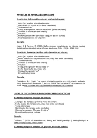 ARTÍCULOS DE REVISTAS ELECTRÓNICAS

   1.- Artículos de Internet basados en una fuente impresa:

   _ Autor (es): apellido e inicial del nombre
   _ Año de edición o publicación (entre paréntesis)
   _ Título del artículo
   _ Coloque la expresión "versión electrónica" [entre corchetes]
   _ Título de la revista (en letra cursiva)
   _ Volumen
   _ Número (anotar entre paréntesis y seguido de dos puntos)
   _ Páginas (separadas por un guión)

   Ejemplo:

   Nazer, J. & Ramírez, R. (2000). Malformaciones congénitas en los hijos de madres
   diabéticas [versión electrónica]. Revista Médica de Chile, 128 (9) : 1045-1052.

   2.- Artículo de revista científica, sólo disponible en Internet:

   _ Autor (es): apellido e inicial del nombre
   _ Fecha de edición o de publicación: año, día y mes (entre paréntesis)
   _ Título del artículo
   _ Título de la revista (en letra cursiva)
   _ Volumen
   _ Coloque la expresión "Recuperado el"
   _ Fecha de consulta: día, mes y año.
   _ Coloque la expresión "de"
   _ Dirección electrónica

   Ejemplo:

   Fredrickson, B.L. (2000, 7 de marzo). Cultivating positive to optimize health and well-
   being. Prevention & Treatment, 3, Artículo 0001a. Recuperado el 20 de noviembre de
   2003, de http://journals.apa.org/prevention/volume3/pre0030001a.html



LISTAS DE DISCUSIÓN / GRUPO DE INTERCAMBIO DE NOTICIAS

1.- Mensaje dirigido a un grupo de noticias:

_ Autor (es) del mensaje: apellido e inicial del nombre
_ Fecha exacta del mensaje: año, día y mes (entre paréntesis)
_ Tema del mensaje
_ Identificador del mensaje [entre corchetes]
_ Coloque la expresión "Mensaje dirigido a"
_ Dirección del grupo de noticias.

Ejemplo:

Chalmers, D. (2000, 17 de noviembre). Seeing with sound [Mensaje 1]. Mensaje dirigido a
news://sci.psychology.conciousness

2.- Mensaje dirigido a un foro o un grupo de discusión en línea:
 
