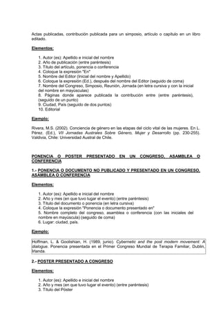 Actas publicadas, contribución publicada para un simposio, artículo o capítulo en un libro
editado.

Elementos:

   1. Autor (es): Apellido e inicial del nombre
   2. Año de publicación (entre paréntesis)
   3. Título del artículo, ponencia o conferencia
   4. Coloque la expresión "En"
   5. Nombre del Editor (Inicial del nombre y Apellido)
   6. Coloque la expresión (Ed.), después del nombre del Editor (seguido de coma)
   7. Nombre del Congreso, Simposio, Reunión, Jornada (en letra cursiva y con la inicial
   del nombre en mayúsculas)
   8. Páginas donde aparece publicada la contribución entre (entre paréntesis),
   (seguido de un punto)
   9. Ciudad, País (seguido de dos puntos)
   10. Editorial

Ejemplo:

Rivera, M.S. (2002). Conciencia de género en las etapas del ciclo vital de las mujeres. En L.
Pérez. (Ed.), VII Jornadas Australes Sobre Género, Mujer y Desarrollo (pp. 230-255).
Valdivia, Chile: Universidad Austral de Chile.



PONENCIA O POSTER             PRESENTADO        EN    UN   CONGRESO,        ASAMBLEA       O
CONFERENCIA

1.- PONENCIA O DOCUMENTO NO PUBLICADO Y PRESENTADO EN UN CONGRESO,
ASAMBLEA O CONFERENCIA

Elementos:

   1. Autor (es): Apellido e inicial del nombre
   2. Año y mes (en que tuvo lugar el evento) (entre paréntesis)
   3. Título del documento o ponencia (en letra cursiva)
   4. Coloque la expresión "Ponencia o documento presentado en"
   5. Nombre completo del congreso, asamblea o conferencia (con las iniciales del
   nombre en mayúscula) (seguido de coma)
   6. Lugar: ciudad, país.

Ejemplo:

Hoffman, L. & Goolishian, H. (1989, junio). Cybernetic and the post modern movement: A
dialogue. Ponencia presentada en el Primer Congreso Mundial de Terapia Familiar, Dublin,
Irlanda.

2.- POSTER PRESENTADO A CONGRESO

Elementos:

   1. Autor (es): Apellido e inicial del nombre
   2. Año y mes (en que tuvo lugar el evento) (entre paréntesis)
   3. Título del Póster
 