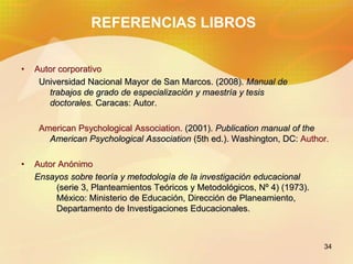 34
REFERENCIAS LIBROS
• Autor corporativo
Universidad Nacional Mayor de San Marcos. (2008). Manual de
trabajos de grado de...