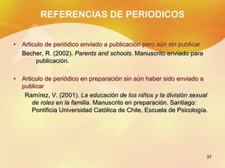 37
REFERENCIAS DE PERIODICOS
• Articulo de periódico enviado a publicación pero aún sin publicar
Becher, R. (2002). Parent...