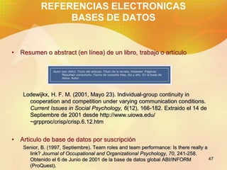 47
REFERENCIAS ELECTRONICAS
BASES DE DATOS
• Resumen o abstract (en línea) de un libro, trabajo o artículo
Lodewijkx, H. F...