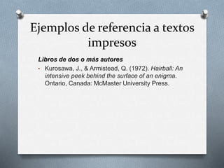 Ejemplos de referencia a textos
impresos
Libros de dos o más autores
• Kurosawa, J., & Armistead, Q. (1972). Hairball: An
intensive peek behind the surface of an enigma.
Ontario, Canada: McMaster University Press.
 