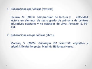 1. Publicaciones periódicas (revistas)
Escurra, M. (2003). Comprensión de lectura y velocidad
lectora en alumnos de sexto grado de primaria de centros
educativos estatales y no estatales de Lima. Persona, 6, 99-
134.
2. publicaciones no periódicas (libros)
Moreno, S. (2005). Psicología del desarrollo cognitivo y
adquisición del lenguaje. Madrid: Biblioteca Nueva.
 