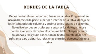 BORDES DE LA TABLA
Debes limitar el uso de borde o líneas en la tabla. En general, se
usa un borde en la parte superior e inferior de la tabla, debajo de
los encabezados de columna y encima de los totales de columna.
No utilice bordes verticales para separar los datos, y no use
bordes alrededor de cada celda de una tabla. El espacio entre
columnas y filas y una alineación de texto correcta debe ser
suficiente para aclarar las relaciones entre los elementos de una
tabla.
 