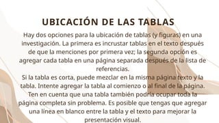 UBICACIÓN DE LAS TABLAS
Hay dos opciones para la ubicación de tablas (y figuras) en una
investigación. La primera es incrustar tablas en el texto después
de que la menciones por primera vez; la segunda opción es
agregar cada tabla en una página separada después de la lista de
referencias.
Si la tabla es corta, puede mezclar en la misma página texto y la
tabla. Intente agregar la tabla al comienzo o al final de la página.
Ten en cuenta que una tabla también podría ocupar toda la
página completa sin problema. Es posible que tengas que agregar
una línea en blanco entre la tabla y el texto para mejorar la
presentación visual.
 