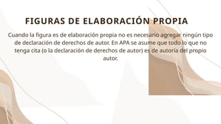 Cuando la figura es de elaboración propia no es necesario agregar ningún tipo
de declaración de derechos de autor. En APA se asume que todo lo que no
tenga cita (o la declaración de derechos de autor) es de autoría del propio
autor.
FIGURAS DE ELABORACIÓN PROPIA
 