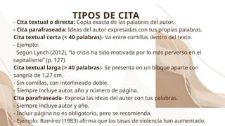 - Cita textual o directa: Copia exacta de las palabras del autor.
- Cita parafraseada: Ideas del autor expresadas con tus propias palabras.
Cita textual corta (< 40 palabras)- Va entre comillas dentro del texto.
- Ejemplo:
Según Lynch (2012), “la crisis ha sido motivada por lo más perverso en el
capitalismo” (p. 127).
Cita textual larga (> 40 palabras)- Se presenta en un bloque aparte con
sangría de 1,27 cm.
- Sin comillas, con interlineado doble.
- Siempre incluye autor, año y número de página.
Cita parafraseada- Expresa las ideas del autor con tus palabras.
- Siempre incluye autor y año.
- Incluir página no es obligatorio, pero se recomienda.
- Ejemplo: Ramírez (1983) afirma que las tasas de violencia han aumentado.
TIPOS DE CITA
 