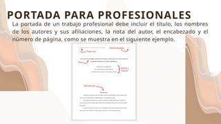 La portada de un trabajo profesional debe incluir el título, los nombres
de los autores y sus afiliaciones, la nota del autor, el encabezado y el
número de página, como se muestra en el siguiente ejemplo.
PORTADA PARA PROFESIONALES
 