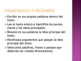 Escribir en sus propias palabras dentro del
texto.
 Lee el texto entero e identiﬁca los puntos
claves y las ideas principales.
 Resume en sus palabras la idea principal del
texto.
 Parafrasea argumentos que apoyan la idea
principal del texto.
 Selecciona palabras, frases o pasajes que
deberían ser citados directamente.
 