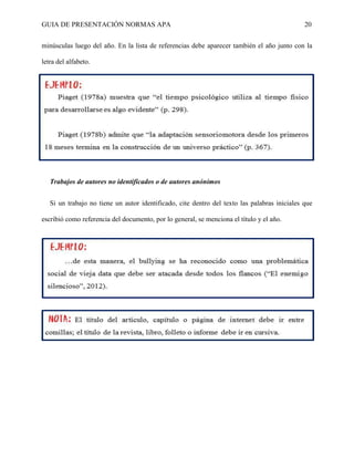 GUIA DE PRESENTACIÓN NORMAS APA 20 
minúsculas luego del año. En la lista de referencias debe aparecer también el año junto con la letra del alfabeto. 
Trabajos de autores no identificados o de autores anónimos 
Si un trabajo no tiene un autor identificado, cite dentro del texto las palabras iniciales que escribió como referencia del documento, por lo general, se menciona el título y el año. 
 