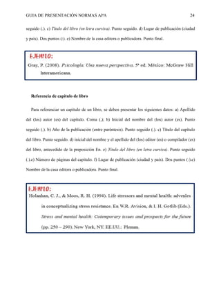 GUIA DE PRESENTACIÓN NORMAS APA 24 
seguido (.). c) Título del libro (en letra cursiva). Punto seguido. d) Lugar de publicación (ciudad y país). Dos puntos (:). e) Nombre de la casa editora o publicadora. Punto final. 
Referencia de capítulo de libro 
Para referenciar un capítulo de un libro, se deben presentar los siguientes datos: a) Apellido del (los) autor (es) del capítulo. Coma (,); b) Inicial del nombre del (los) autor (es). Punto seguido (.). b) Año de la publicación (entre paréntesis). Punto seguido (.). c) Título del capítulo del libro. Punto seguido. d) inicial del nombre y el apellido del (los) editor (es) o compilador (es) del libro, antecedido de la preposición En. e) Título del libro (en letra cursiva). Punto seguido (.).e) Número de páginas del capítulo. f) Lugar de publicación (ciudad y país). Dos puntos (:).e) Nombre de la casa editora o publicadora. Punto final. 
 