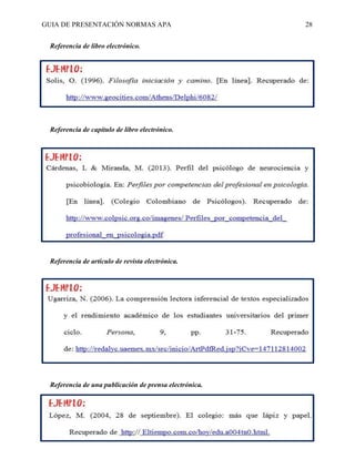 GUIA DE PRESENTACIÓN NORMAS APA 28 
Referencia de libro electrónico. 
Referencia de capítulo de libro electrónico. 
Referencia de artículo de revista electrónica. 
Referencia de una publicación de prensa electrónica.  