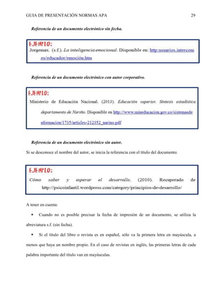 GUIA DE PRESENTACIÓN NORMAS APA 29 
Referencia de un documento electrónico sin fecha. 
Referencia de un documento electrónico con autor corporativo. 
Referencia de un documento electrónico sin autor. 
Si se desconoce el nombre del autor, se inicia la referencia con el título del documento. 
A tener en cuenta: 
 Cuando no es posible precisar la fecha de impresión de un documento, se utiliza la abreviatura s.f. (sin fecha). 
 Si el título del libro o revista es en español, sólo va la primera letra en mayúscula, a menos que haya un nombre propio. En el caso de revistas en inglés, las primeras letras de cada palabra importante del título van en mayúsculas.  