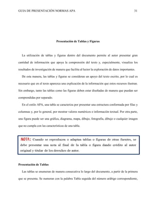 GUIA DE PRESENTACIÓN NORMAS APA 31 
Presentación de Tablas y Figuras 
La utilización de tablas y figuras dentro del documento permite al autor presentar gran cantidad de información que apoya la comprensión del texto y, especialmente, visualiza los resultados de investigación de manera que facilita al lector la exploración de datos importantes. 
De esta manera, las tablas y figuras se consideran un apoyo del texto escrito, por lo cual es necesario que en el texto aparezca una explicación de la información que estos recursos ilustran. Sin embargo, tanto las tablas como las figuras deben estar diseñadas de manera que puedan ser comprendidas por separado. 
En el estilo APA, una tabla se caracteriza por presentar una estructura conformada por filas y columnas y, por lo general, por mostrar valores numéricos o información textual. Por otra parte, una figura puede ser una gráfica, diagrama, mapa, dibujo, fotografía, dibujo o cualquier imagen que no cumpla con las características de una tabla. 
Presentación de Tablas 
Las tablas se enumeran de manera consecutiva lo largo del documento, a partir de la primera que se presenta. Se numeran con la palabra Tabla seguida del número arábigo correspondiente,  