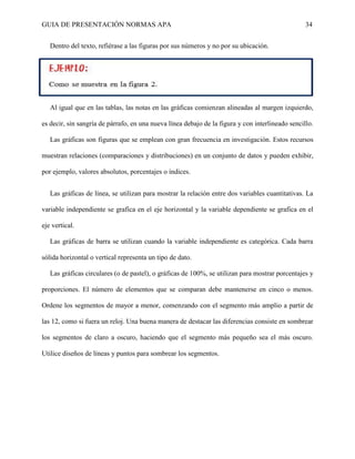 GUIA DE PRESENTACIÓN NORMAS APA 34 
Dentro del texto, refiérase a las figuras por sus números y no por su ubicación. 
Al igual que en las tablas, las notas en las gráficas comienzan alineadas al margen izquierdo, es decir, sin sangría de párrafo, en una nueva línea debajo de la figura y con interlineado sencillo. 
Las gráficas son figuras que se emplean con gran frecuencia en investigación. Estos recursos muestran relaciones (comparaciones y distribuciones) en un conjunto de datos y pueden exhibir, por ejemplo, valores absolutos, porcentajes o índices. 
Las gráficas de línea, se utilizan para mostrar la relación entre dos variables cuantitativas. La variable independiente se grafica en el eje horizontal y la variable dependiente se grafica en el eje vertical. 
Las gráficas de barra se utilizan cuando la variable independiente es categórica. Cada barra sólida horizontal o vertical representa un tipo de dato. 
Las gráficas circulares (o de pastel), o gráficas de 100%, se utilizan para mostrar porcentajes y proporciones. El número de elementos que se comparan debe mantenerse en cinco o menos. Ordene los segmentos de mayor a menor, comenzando con el segmento más amplio a partir de las 12, como si fuera un reloj. Una buena manera de destacar las diferencias consiste en sombrear los segmentos de claro a oscuro, haciendo que el segmento más pequeño sea el más oscuro. Utilice diseños de líneas y puntos para sombrear los segmentos. 
 