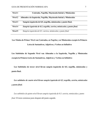 GUIA DE PRESENTACIÓN NORMAS APA 7 
Nivel 1 
Centrado, Negrilla, Mayúscula Inicial y Minúsculas 
Nivel 2 
Alineado a la Izquierda, Negrilla, Mayúscula Inicial y Minúsculas 
Nivel 3 
Sangría izquierda de 0,5, negrilla, minúsculas y punto final. 
Nivel 4 
Sangría izquierda de 0,5, negrilla, cursiva, minúsculas y punto final. 
Nivel 5 
Sangría izquierda de 0,5, cursiva, minúsculas y punto final. 
Los Títulos de Primer Nivel van Centrados, en Negrita y en Minúsculas excepto la Primera Letra de Sustantivos, Adjetivos y Verbos en Infinitivo 
Los Subtítulos de Segundo Nivel van Alineados a la Izquierda, Negrilla y Minúsculas excepto la Primera Letra de Sustantivos, Adjetivos y Verbos en Infinitivo 
Los Subtítulos de tercer nivel llevan sangría izquierda de 0,5, negrilla, minúsculas y punto final. 
Los subtítulos de cuarto nivel llevan sangría izquierda de 0,5, negrilla, cursiva, minúsculas y punto final. 
Los subtítulos de quinto nivel llevan sangría izquierda de 0,5, cursiva, minúsculas y punto final. El texto comienza justo después del punto seguido. 
 