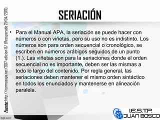 SERIACIÓN
• Para el Manual APA, la seriación se puede hacer con
números o con viñetas, pero su uso no es indistinto. Los
números son para orden secuencial o cronológico, se
escriben en números arábigos seguidos de un punto
(1.). Las viñetas son para la seriaciones donde el orden
secuencial no es importante, deben ser las mismas a
todo lo largo del contenido. Por regla general, las
seriaciones deben mantener el mismo orden sintáctico
en todos los enunciados y mantenerse en alineación
paralela.
Fuente:Fuente:http://normasapa.net/2017-edicion-6/(Recuperado21/04/2017).
 