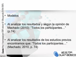 • Modelos
• Al analizar los resultados y según la opinión de
Machado (2010): “Todos los participantes…”
(p.74)
• Al analizar los resultados de los estudios previos
encontramos que: “Todos los participantes…”
(Machado, 2010, p. 74)
Fuente:Fuente:http://normasapa.net/2017-edicion-6/(Recuperado21/04/2017).
 