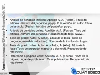 • Artículo de periódico impreso: Apellido A. A. (Fecha). Título del
artículo. Nombre del periódico, pp-pp. O la versión sin autor: Título
del artículo. (Fecha). Nombre del periódico, pp-pp.
• Artículo de periódico online: Apellido, A. A. (Fecha). Título del
artículo. Nombre del periódico. Recuperado de http:/ /www…
• Tesis de grado: Autor, A. (Año). Título de la tesis (Tesis de
pregrado, maestría o doctoral). Nombre de la institución, Lugar.
• Tesis de grado online: Autor, A. y Autor, A. (Año). Título de la
tesis (Tesis de pregrado, maestría o doctoral). Recuperado de
http://www…
• Referencia a páginas webs: Apellido, A. A. (Fecha). Título de la
página. Lugar de publicación: Casa publicadora. Recuperado de
http://www…
Fuente:Fuente:http://normasapa.net/2017-edicion-6/(Recuperado21/04/2017).
 