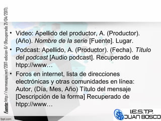 • Video: Apellido del productor, A. (Productor).
(Año). Nombre de la serie [Fuente]. Lugar.
• Podcast: Apellido, A. (Productor). (Fecha). Título
del podcast [Audio podcast]. Recuperado de
htpp://www…
• Foros en internet, lista de direcciones
electrónicas y otras comunidades en línea:
Autor, (Día, Mes, Año) Título del mensaje
[Descripción de la forma] Recuperado de
htpp://www…
Fuente:Fuente:http://normasapa.net/2017-edicion-6/(Recuperado21/04/2017).
 